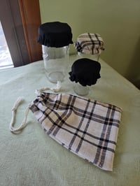 Image 1 of Pure Linen Jar Covers & Garlic Keeper Set- Neutral Plaid