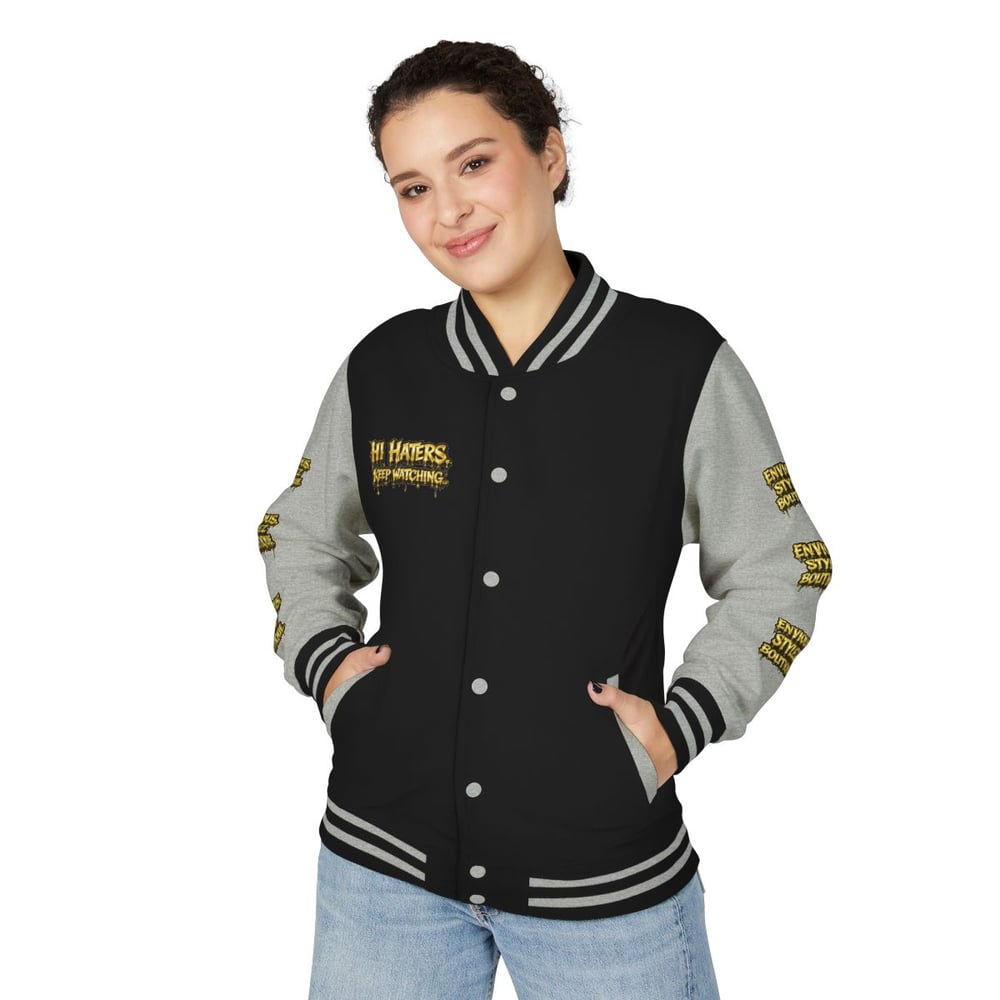 Image of Unisex Letterman Jacket — "Bye Haters, Don't Believe Me? Just Watch" Varsity Jacket