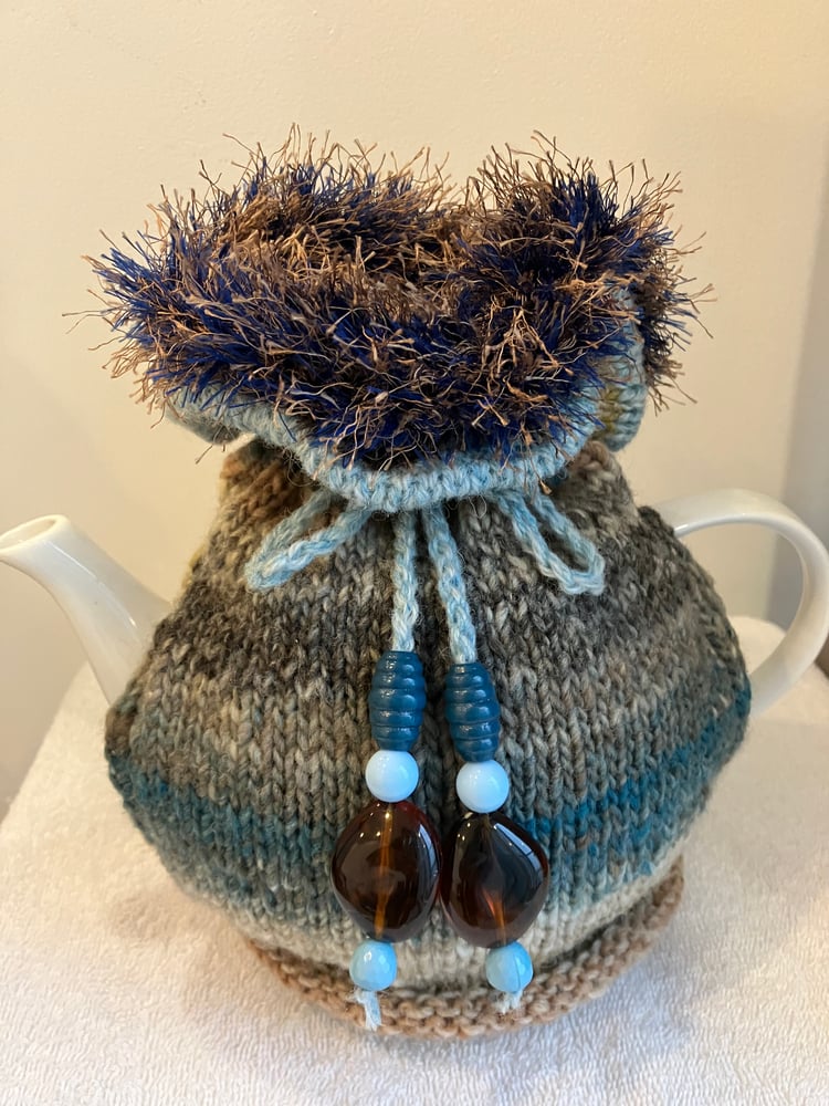 Image of large Brown and Blue Striped GO ON!tea cosie