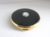 Image 3 of Vintage Melissa Powder Compact, Black Top with Iridescent Embellishment c. 1960s, with pouch
