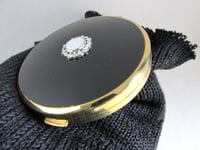 Image 7 of Vintage Melissa Powder Compact, Black Top with Iridescent Embellishment c. 1960s, with pouch