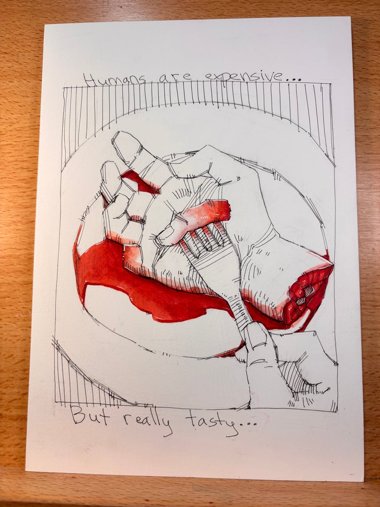 Image of Humans are Expensive 7x10 original painting