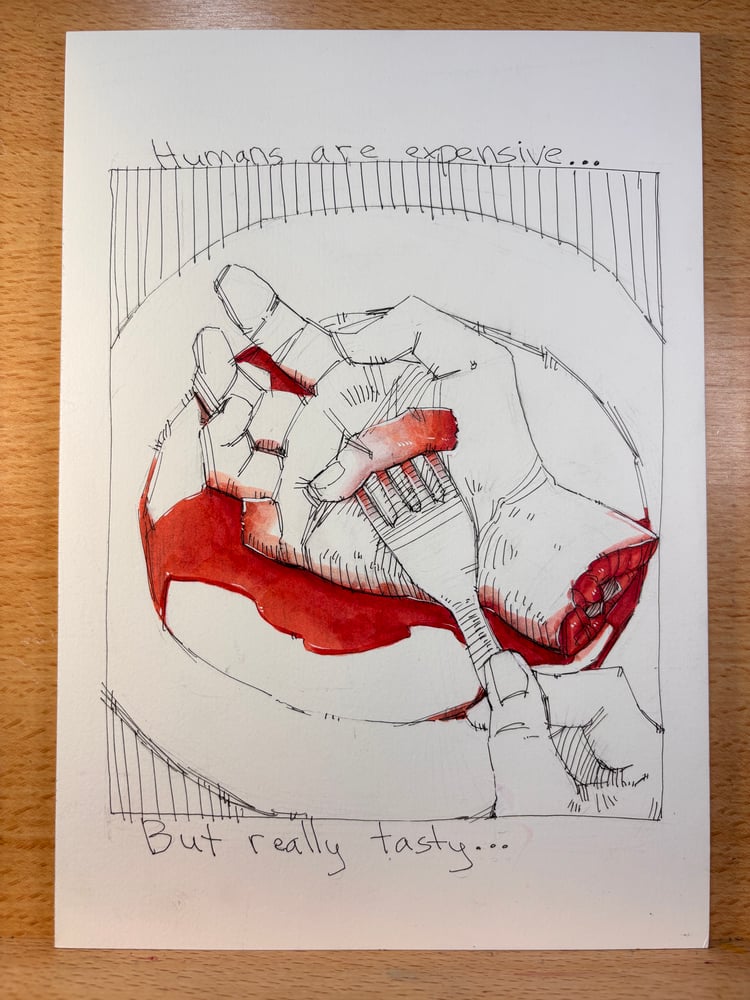 Image of Humans are Expensive 7x10 original painting