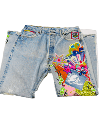 Image 3 of Levi's 501 Custom Retro Button Fly Jeans Patchwork, Signature denim pants SZ 35-30