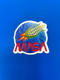 Image 1 of MASA Cornship Sticker, Mexican Space Travel, Funny Large 3" water bottle, laptop, bumper sticker