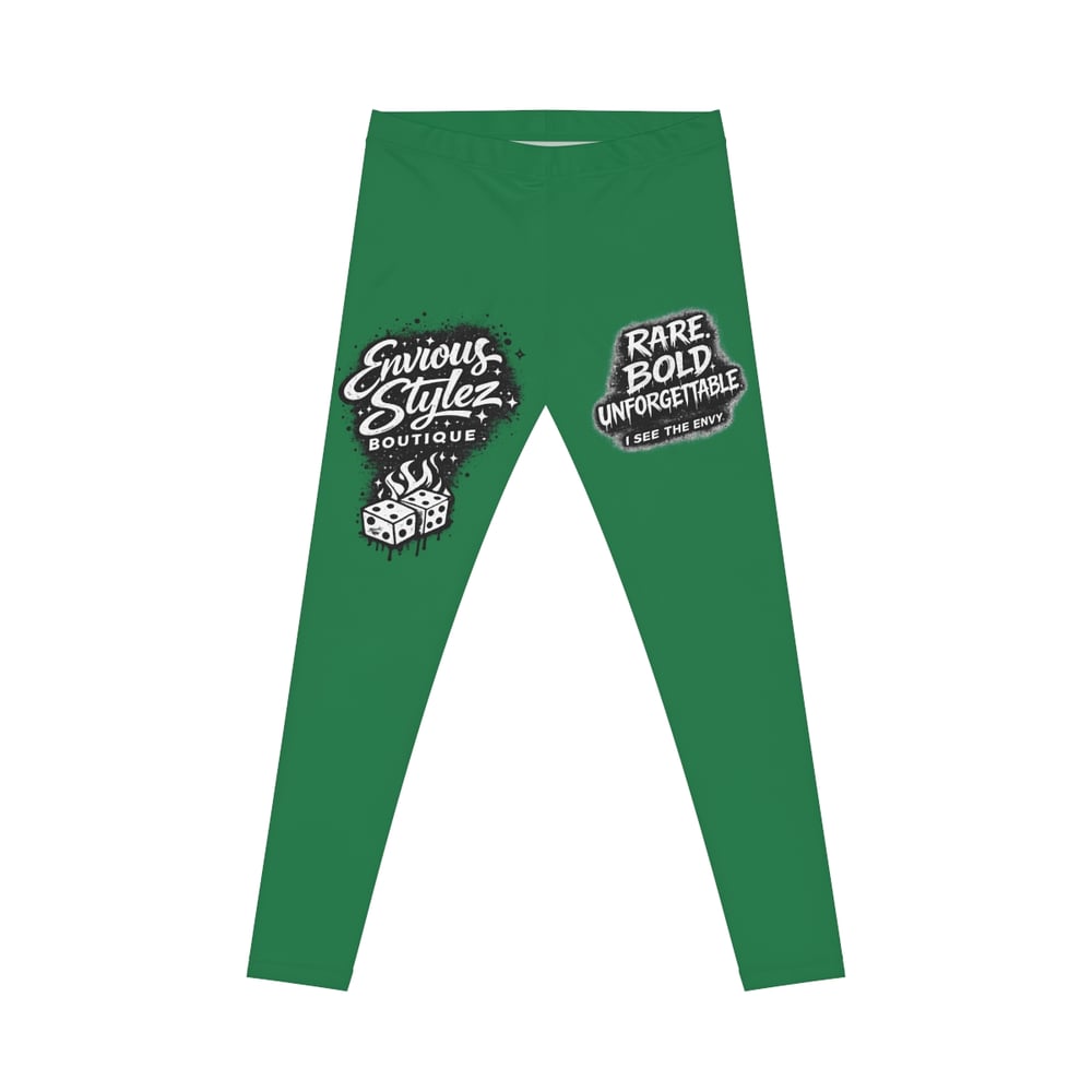 Image of Green Graphic Leggings — 'Envious Stylez' Vintage Tattoo Script Design