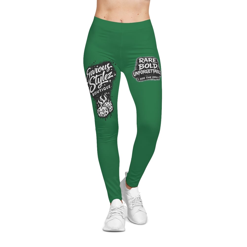 Image of Green Graphic Leggings — 'Envious Stylez' Vintage Tattoo Script Design