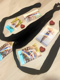 Image 3 of Worn black body stocking and five signed 4x6 photos