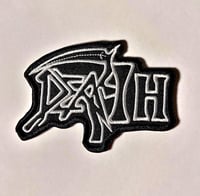 Image 1 of Death Band Logo Embroidered Patch With Merrowed Edge - White Variant (Yellow Variant Is Available)