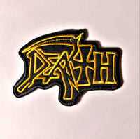 Image 1 of Death Band Logo Embroidered Patch With Merrowed Edge - Yellow Variant (White Variant Available)