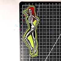 Image 4 of Green Glow In The Dark Skeleton Red-Head Embroidered Patch With A Merrowed Edge