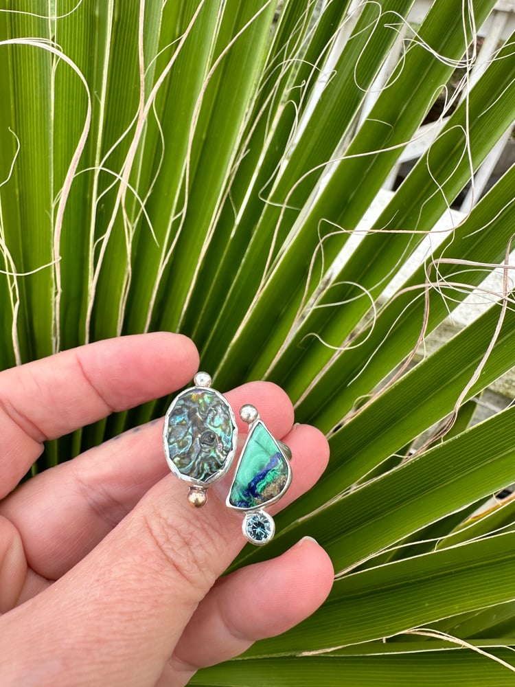 Image of Abalone, Azurite, and Blue Zircon  Toi et Moi ring 