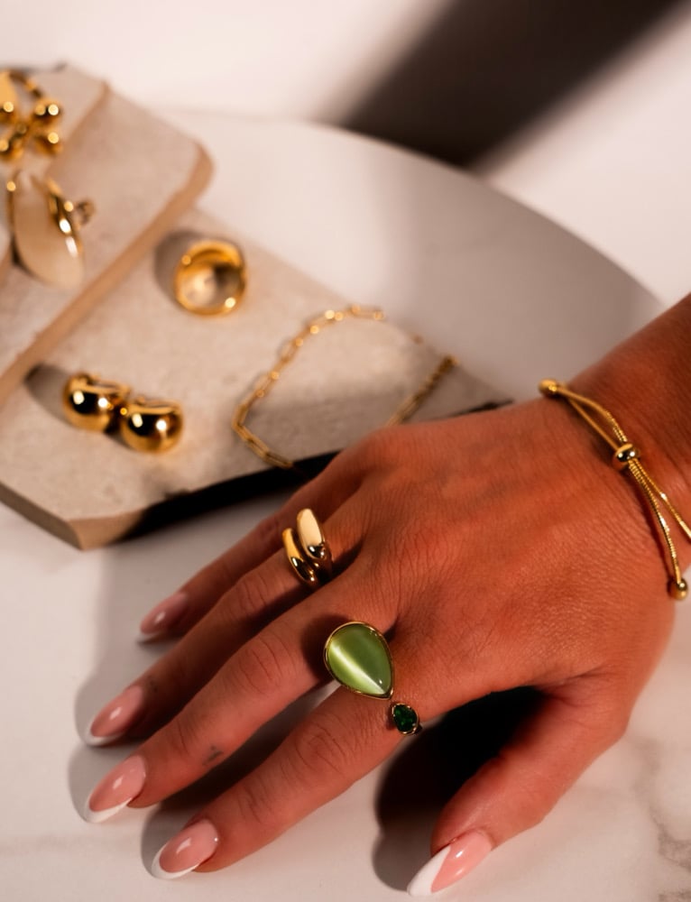 Image of LEYA Natural Green Stone and Cubic Zirconia 18ct Gold Statement Ring 