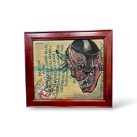 Image 1 of Large Wall Art Japanese Traditional Hannya Mask and Mouse Hand Painted on Coffee Burlap