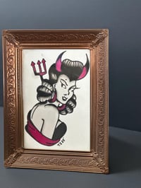 Image 1 of Hand Painted Devil Pin-Up Girl. Framed American Traditional Tattoo Flash Stoney St. Clair Inspired