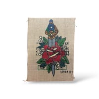 Image 1 of Traditional Tattoo Burlap Coffee Sack Large Wall Art, Hand Painted Rose and Dagger