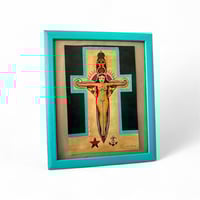 Image 1 of Large Hand Painted Religious Tattoo Art: Vintage-Style Woman on Cross in Blue Frame 19x23