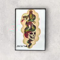 Image 1 of Skull Snake and Dagger, Hand Painted American Traditional Tattoo Flash Framed 5x7