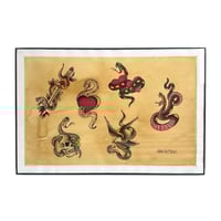 Image 1 of Hand Painted Traditional Tattoo Flash Sheet, Snakes Hearts Skulls, Black Frame 12x18