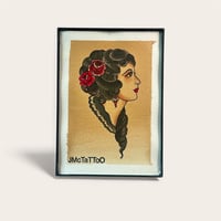 Image 1 of Classic Traditional Girl Head , Hand Painted Tattoo Flash Framed 5x7