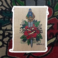 Image 2 of Traditional Tattoo Burlap Coffee Sack Large Wall Art, Hand Painted Rose and Dagger