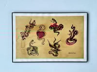 Image 2 of Hand Painted Traditional Tattoo Flash Sheet, Snakes Hearts Skulls, Black Frame 12x18