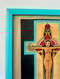 Image 2 of Large Hand Painted Religious Tattoo Art: Vintage-Style Woman on Cross in Blue Frame 19x23