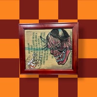 Image 2 of Large Wall Art Japanese Traditional Hannya Mask and Mouse Hand Painted on Coffee Burlap