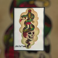 Image 2 of Skull Snake and Dagger, Hand Painted American Traditional Tattoo Flash Framed 5x7