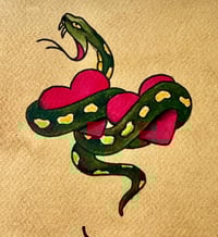 Image 3 of Hand Painted Traditional Tattoo Flash Sheet, Snakes Hearts Skulls, Black Frame 12x18