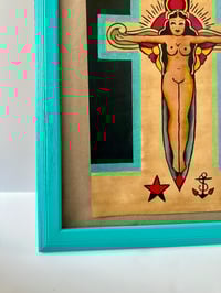 Image 3 of Large Hand Painted Religious Tattoo Art: Vintage-Style Woman on Cross in Blue Frame 19x23