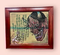 Image 3 of Large Wall Art Japanese Traditional Hannya Mask and Mouse Hand Painted on Coffee Burlap