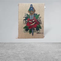 Image 4 of Traditional Tattoo Burlap Coffee Sack Large Wall Art, Hand Painted Rose and Dagger