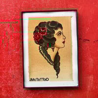 Image 3 of Classic Traditional Girl Head , Hand Painted Tattoo Flash Framed 5x7