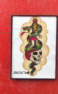 Image 3 of Skull Snake and Dagger, Hand Painted American Traditional Tattoo Flash Framed 5x7