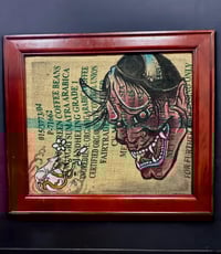 Image 4 of Large Wall Art Japanese Traditional Hannya Mask and Mouse Hand Painted on Coffee Burlap