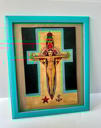 Image 4 of Large Hand Painted Religious Tattoo Art: Vintage-Style Woman on Cross in Blue Frame 19x23