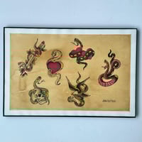Image 4 of Hand Painted Traditional Tattoo Flash Sheet, Snakes Hearts Skulls, Black Frame 12x18