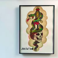 Image 4 of Skull Snake and Dagger, Hand Painted American Traditional Tattoo Flash Framed 5x7