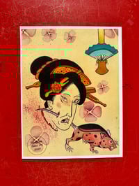 Image 1 of Textured Linen Print Severed Geisha Head &amp; Rat 8.5x11