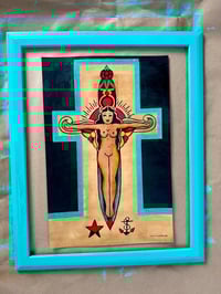 Image 5 of Large Hand Painted Religious Tattoo Art: Vintage-Style Woman on Cross in Blue Frame 19x23