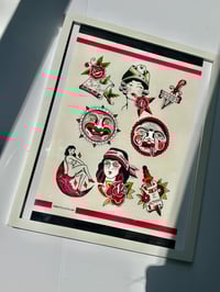 Image 1 of Large Hand Painted Flash Sheet Bert Grimm Inspired Wall Art 19x15 in White Frame