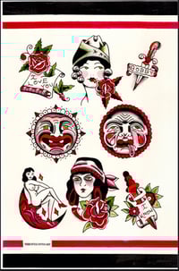 Image 2 of Large Hand Painted Flash Sheet Bert Grimm Inspired Wall Art 19x15 in White Frame