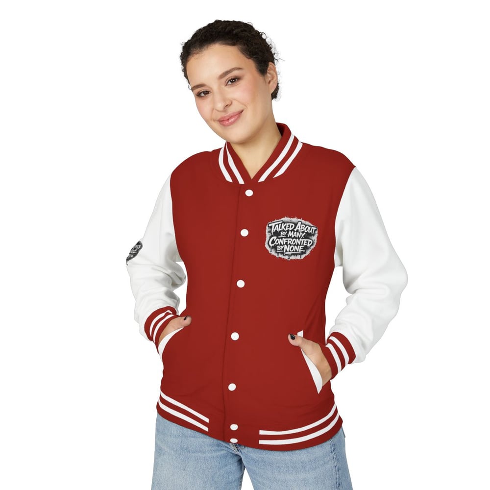 Image of Unbothered Letterman Jacket – Retro Varsity Bomber with 'Unbothered' Graffiti Design