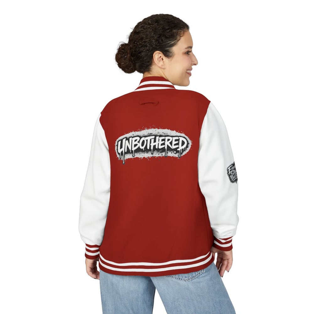 Image of Unbothered Letterman Jacket – Retro Varsity Bomber with 'Unbothered' Graffiti Design