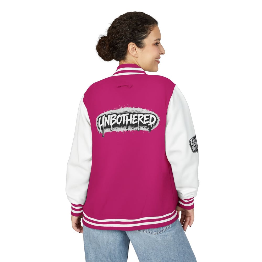Image of Unbothered Letterman Jacket – Retro Varsity Bomber with 'Unbothered' Graffiti Design