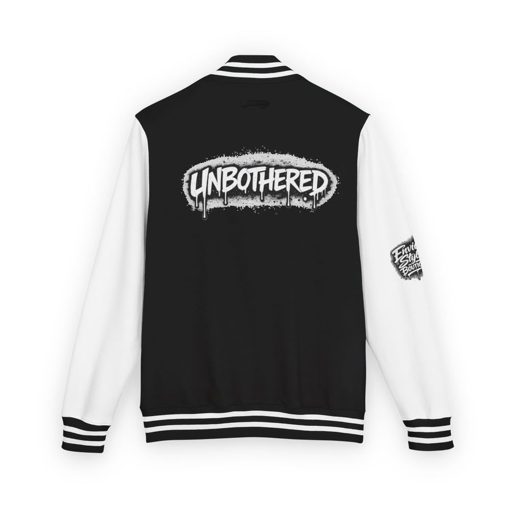 Image of Unbothered Letterman Jacket – Retro Varsity Bomber with 'Unbothered' Graffiti Design