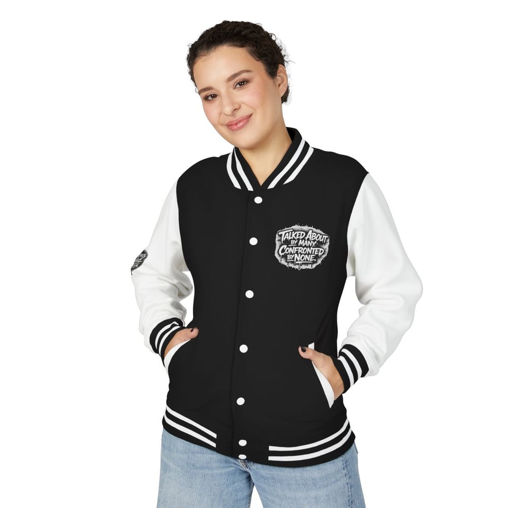Image of Unbothered Letterman Jacket – Retro Varsity Bomber with 'Unbothered' Graffiti Design