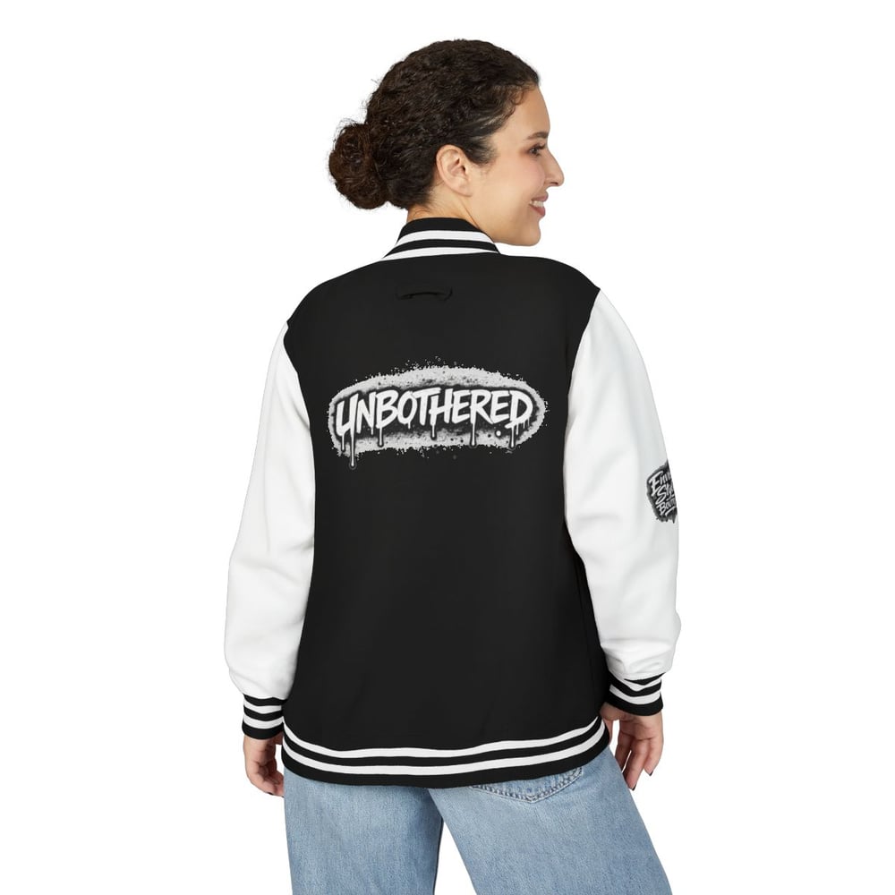 Image of Unbothered Letterman Jacket – Retro Varsity Bomber with 'Unbothered' Graffiti Design