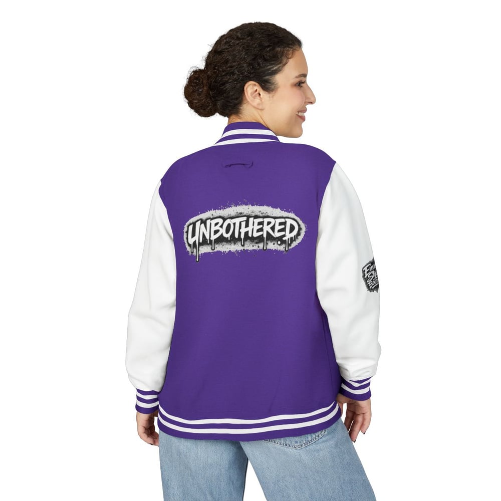 Image of Unbothered Letterman Jacket – Retro Varsity Bomber with 'Unbothered' Graffiti Design